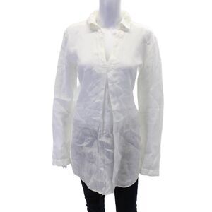 XACUS Womens Linen Long Sleeve V-neck Collared Tunic Top White Size EUR 42